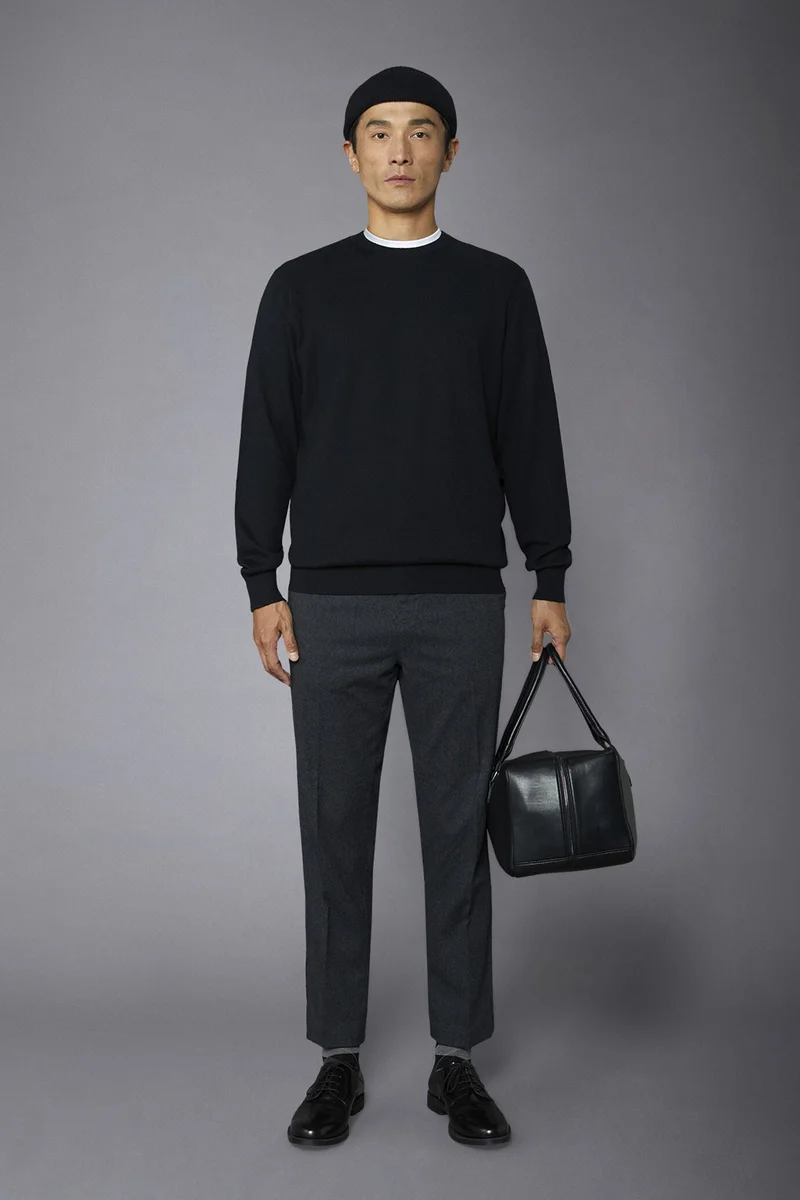 Men's roundneck wool and cotton sweater - Black