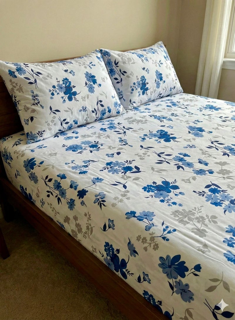 Yarlin-Bed Set (Fitted Bedsheet for 160 cm beds and 2 Small Pillowcases (Blue Flora) Design