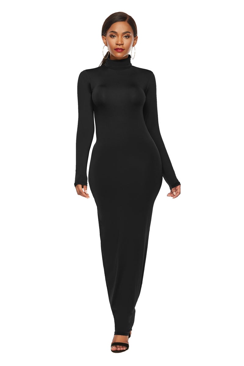 Elegant Solid Color Long Sleeve Dress Black 