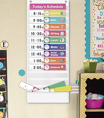 Eamay Daily Schedule Pocket Charts, Teaching Scheduling Pocket Chart, Hoom, Eamay Daily Scheduling Pocket Chart, Pocket Chart with 13+1 Pockets, 18pcs Dry Erase Cards and 2 Hooks (White) - Image 2