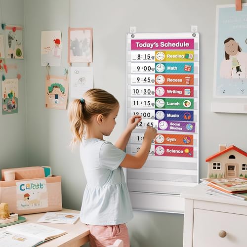 Eamay Daily Schedule Pocket Charts, Teaching Scheduling Pocket Chart, Hoom, Eamay Daily Scheduling Pocket Chart, Pocket Chart with 13+1 Pockets, 18pcs Dry Erase Cards and 2 Hooks (White) - Image 4
