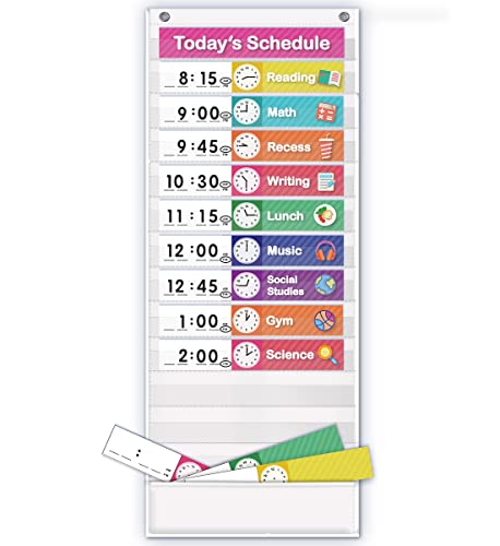 Eamay Daily Schedule Pocket Charts, Teaching Scheduling Pocket Chart, Hoom, Eamay Daily Scheduling Pocket Chart, Pocket Chart with 13+1 Pockets, 18pcs Dry Erase Cards and 2 Hooks (White) - Image 1