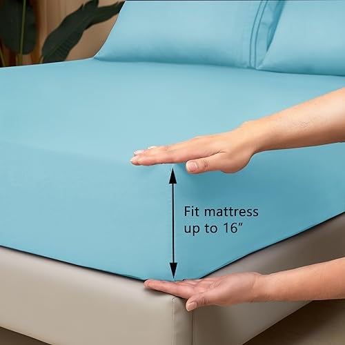 Mejoroom Queen Size Sheet Set - Hotel Luxury 1800 Bedding Sheets & Pillowcases - Deep Pocket Fitted Sheet, Soft, Breathable, Wrinkle & Fade Resistant - 4 Piece (Queen, Baby Blue) - Image 3