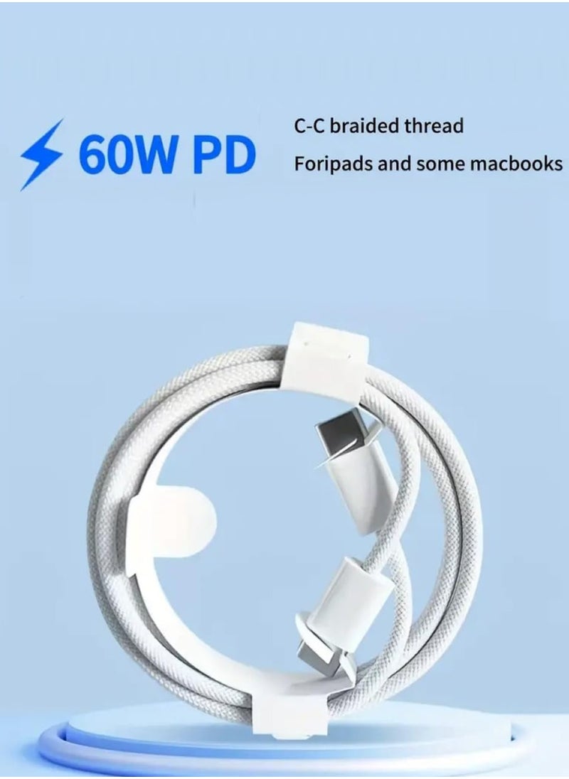 USB/Type C-C PD 60W Charge Cable, Braided Fabric Flexible Material, for iPhone 15/16 series, MacBook, iPad series, 1 M, White  - Image 2