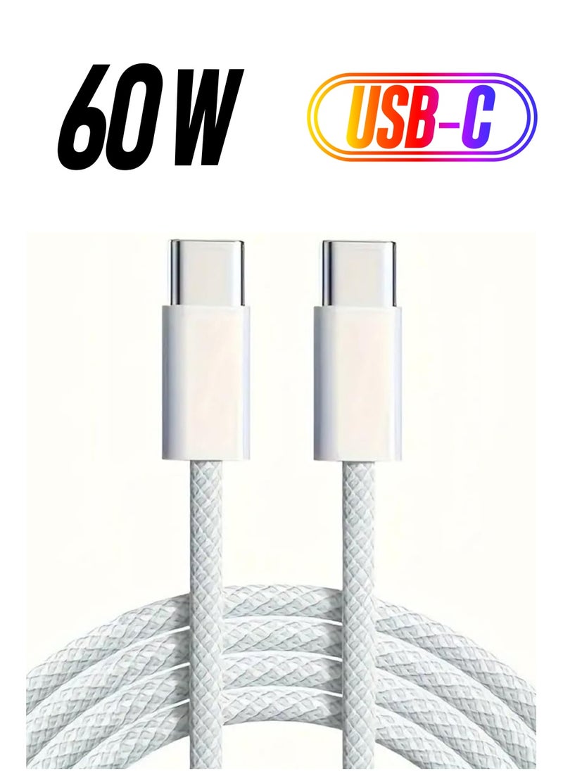USB/Type C-C PD 60W Charge Cable, Braided Fabric Flexible Material, for iPhone 15/16 series, MacBook, iPad series, 1 M, White  - Image 1