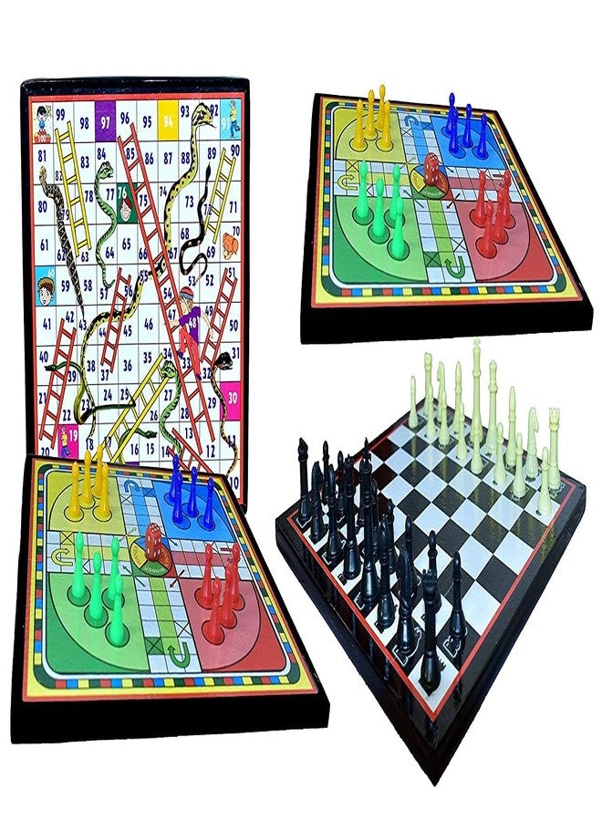 PMG Wooden Ludo Game Snakes Ladders & Chess Board Combo with 2 Set of Ludo with dice Coins 1 Chessmen Coins Set (12x12 Inch). for 4 - Image 1