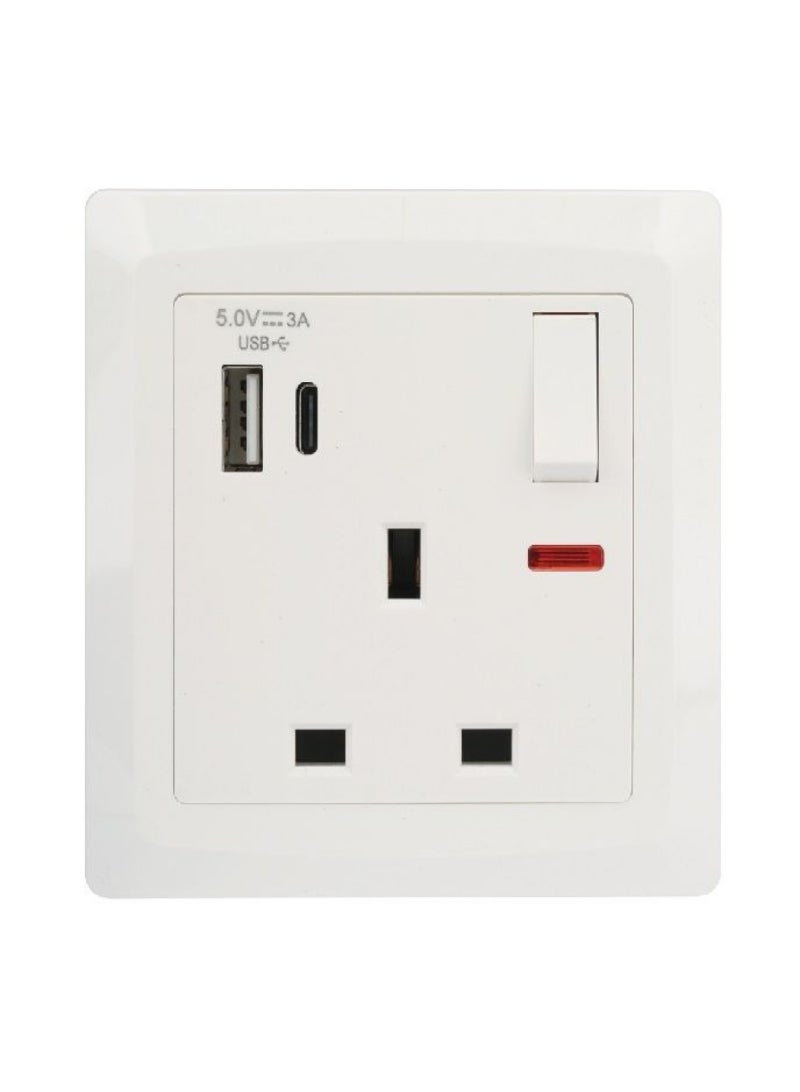 Terminator Wall Plate With UK Switch Socket + USB-A + USB-C Neon Indicator TWS 1SI-2UAC
