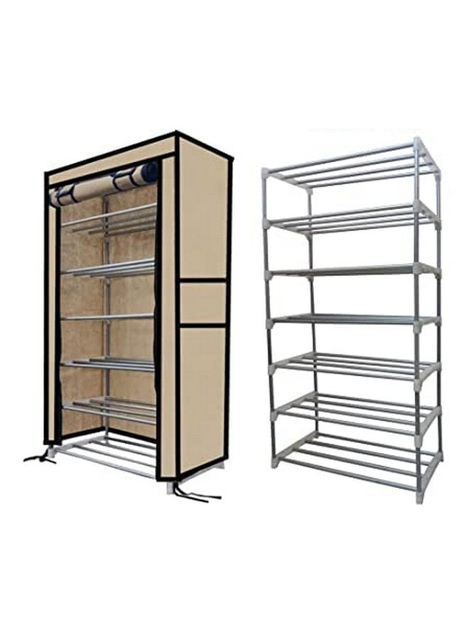 RAXON WORLD Multipurpose 6 Layer Metal Pipe With Non-Woven 100Gsm Fabric Cover Shoe/Cloth/Toy/Books Rack-Beige, 30 X 55 X 110 CM - Image 1