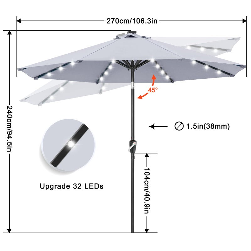 ABCCANOPY Durable Solar Led Patio Umbrellas with 32LED Lights 9FT (Light Gray) - Image 4