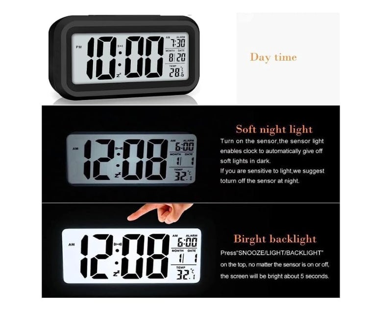 CREDSY Digital Smart Backlight Battery Operated Alarm Table Clock with Automatic Sensor Date Temperature Alarm Clock for Students Heavy Sleepers Kitchen Tools Black - Image 4