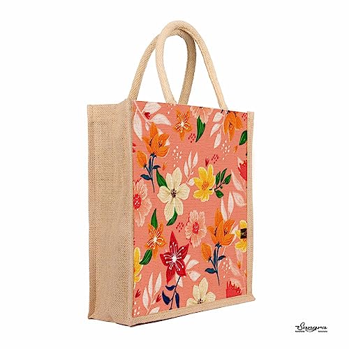 Sangra Multicolor Jute bag for Women and Men Lunch Bag with Zip and Handle (Flower Pink) - Image 2