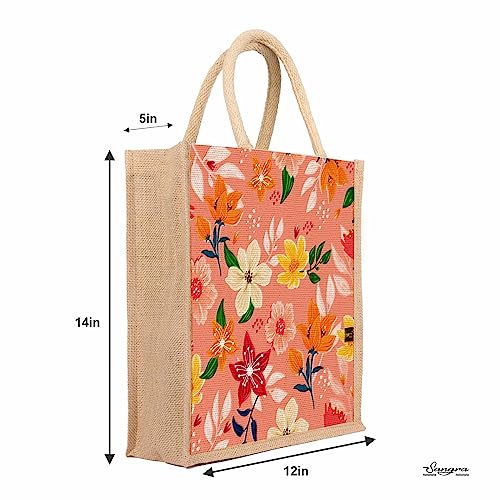 Sangra Multicolor Jute bag for Women and Men Lunch Bag with Zip and Handle (Flower Pink) - Image 3