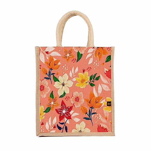 Sangra Multicolor Jute bag for Women and Men Lunch Bag with Zip and Handle (Flower Pink) - Image 1