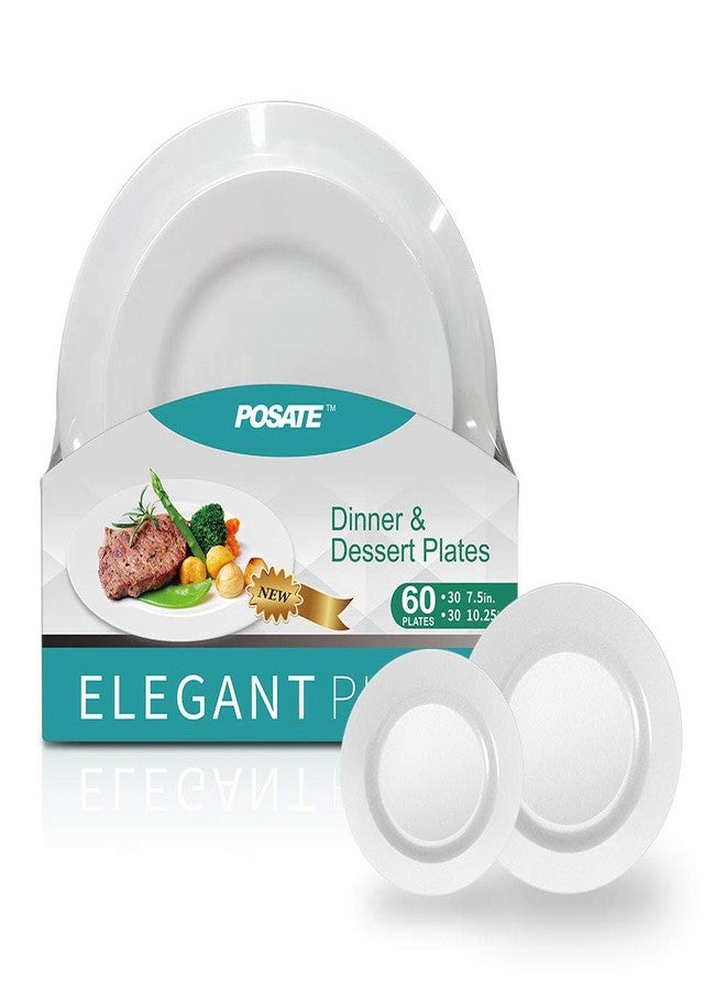 POSATE أطباق بلاستيكية بيضاء disposable 60 قطعة، أطباق ثقيلة للزفاف/الحفلة، 30 طبق عشاء 10.25 بوصة و30 طبق حلوى/سلطة 7.5 بوصة، أطباق بيضاء لحدث الحفلة - Image 1