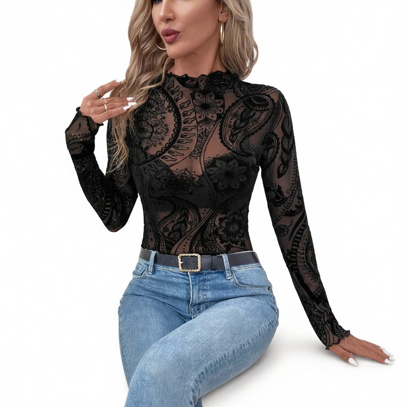 Women's Long Sleeve Paisley Flocked Print Mesh Ruffle Top - Image 1