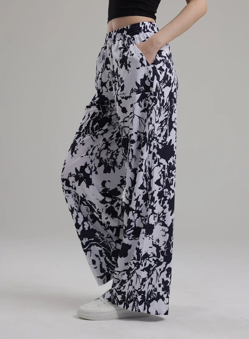 Madam Uniq Flowy High-Waisted Wide-Leg Trousers - Floral Print, Casual & Breathable Long Pants