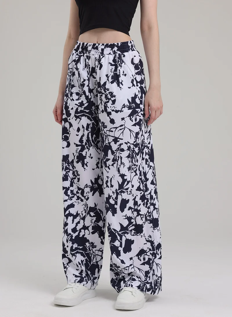 Madam Uniq Flowy High-Waisted Wide-Leg Trousers - Floral Print, Casual & Breathable Long Pants