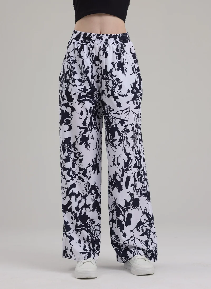 Madam Uniq Flowy High-Waisted Wide-Leg Trousers - Floral Print, Casual & Breathable Long Pants
