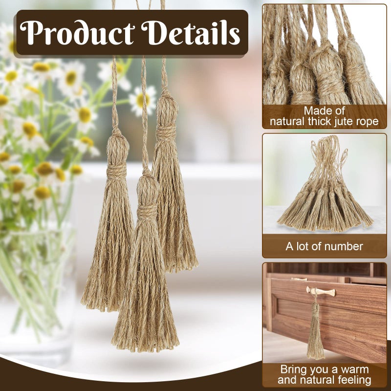 Ysleen 40 Pieces Natural Jute Tassels for Crafts Small Tassels Bulk for Jute Rope DIY Wood Beads Bookmark Garland Projects Decorations Wedding Party Gift Tags Crafts - Image 3