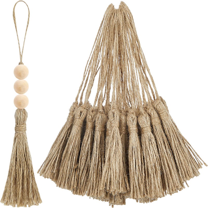 Ysleen 40 Pieces Natural Jute Tassels for Crafts Small Tassels Bulk for Jute Rope DIY Wood Beads Bookmark Garland Projects Decorations Wedding Party Gift Tags Crafts - Image 1