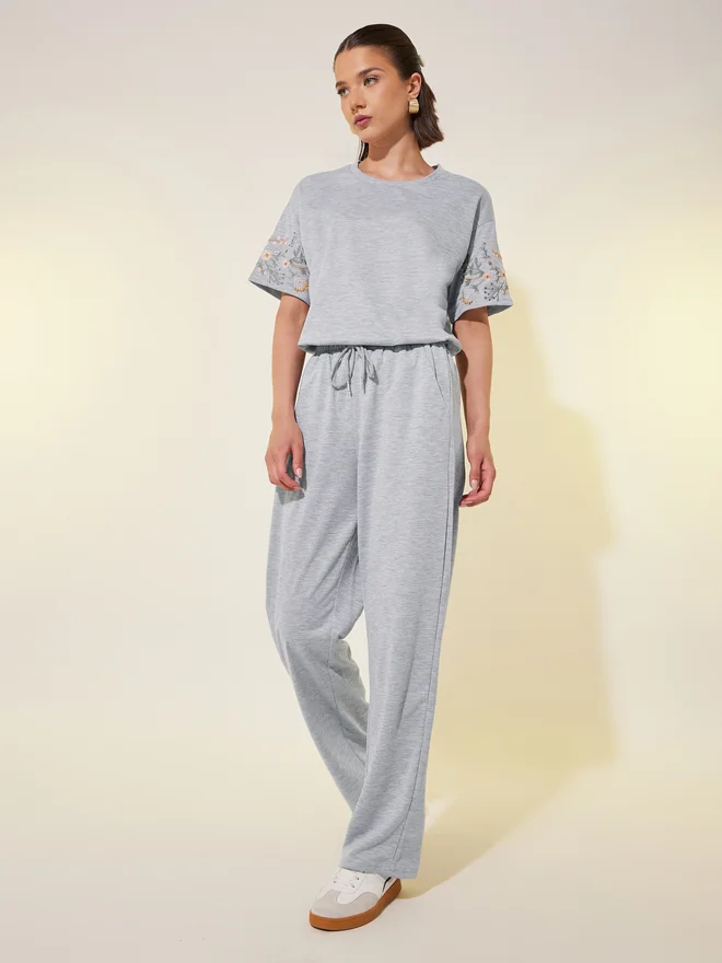Take Two Take Two Embroidered Detail Short Sleeve T-Shirt and Pants Co-Ords