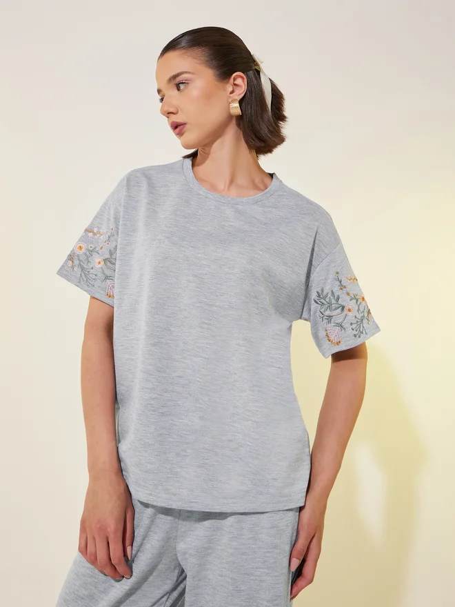 Take Two Take Two Embroidered Detail Short Sleeve T-Shirt and Pants Co-Ords