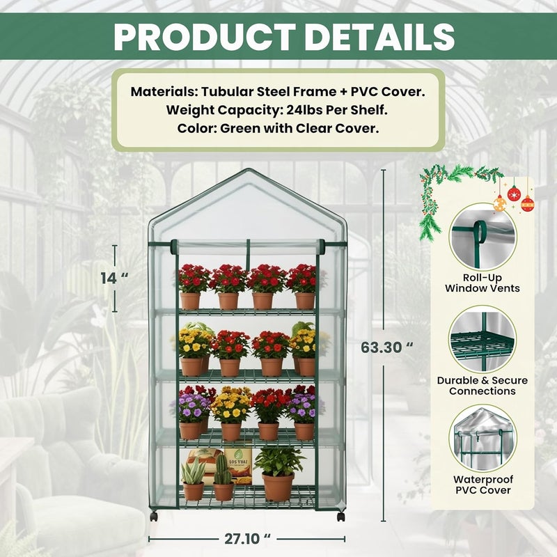 Home-Complete 4 Tier Mini Greenhouse - Portable Greenhouse with Locking Wheels and PVC Cover for Indoor or Outdoor - 27 x 19 x 63-Inch Green House by - Image 5