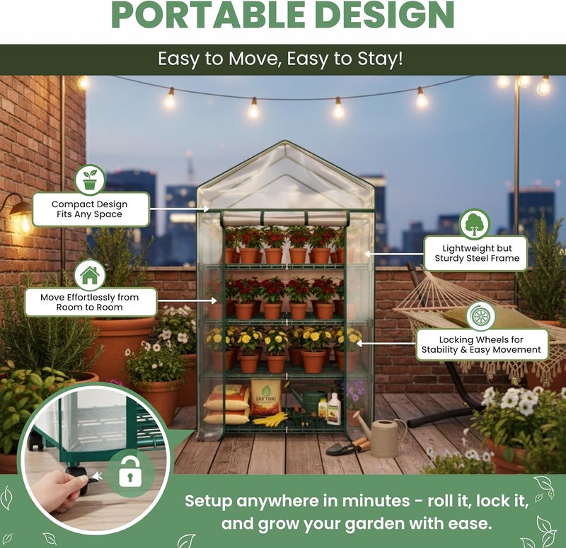 Home-Complete 4 Tier Mini Greenhouse - Portable Greenhouse with Locking Wheels and PVC Cover for Indoor or Outdoor - 27 x 19 x 63-Inch Green House by - Image 4