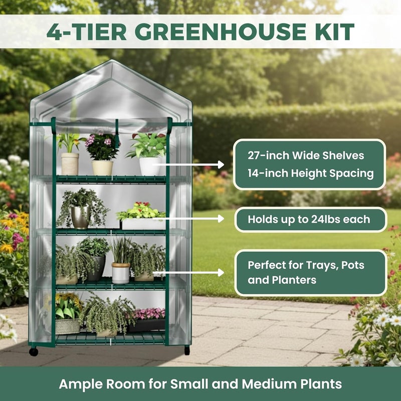 Home-Complete 4 Tier Mini Greenhouse - Portable Greenhouse with Locking Wheels and PVC Cover for Indoor or Outdoor - 27 x 19 x 63-Inch Green House by - Image 2