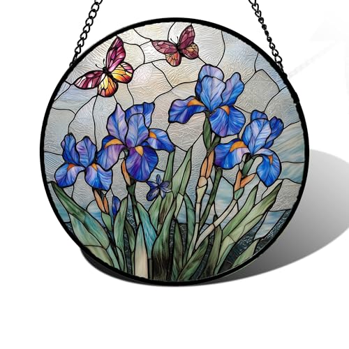 DASTOLL Stained Glass Window Hanging Blue Iris Flowers Butterfly Suncatcher Diamond Colorful Glass Panel Sun Catchers Decor for Birthday for Women Men Wife Aunt and Mom 63 in - Image 1