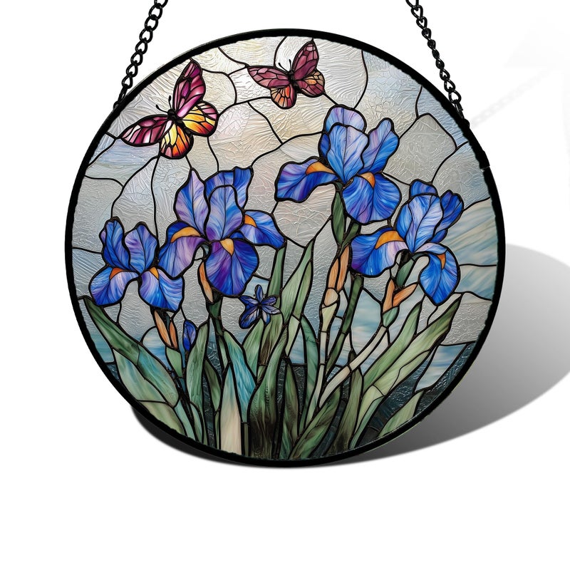 DASTOLL Stained Glass Window Hanging Blue Iris Flowers Butterfly Suncatcher Diamond Colorful Glass Panel Sun Catchers Decor for Birthday for Women Men Wife Aunt and Mom 63 in - Image 2