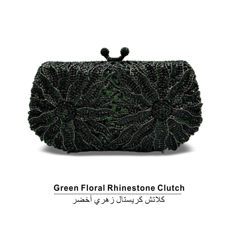 Floral Crystal Rhinestone Evening Clutch Bag, Bow Metal Frame Formal Party Handbag Women Wedding Dinner Purse