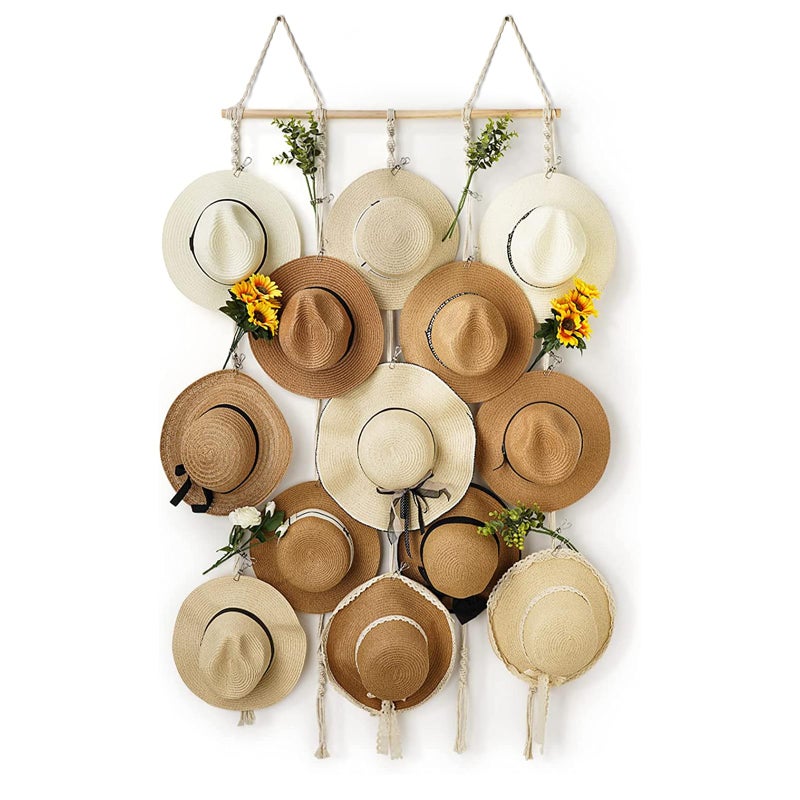 HYDERMUS Macrame Hat Rack for Wall 31x53 in Hat Organizer with 15 Clips Hanging Hat Hanger Holder for Women Wide Brimmed Hat Storage for Fedora Boho Decorative Display - Image 1