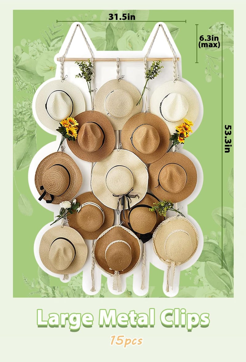 HYDERMUS Macrame Hat Rack for Wall 31x53 in Hat Organizer with 15 Clips Hanging Hat Hanger Holder for Women Wide Brimmed Hat Storage for Fedora Boho Decorative Display - Image 3