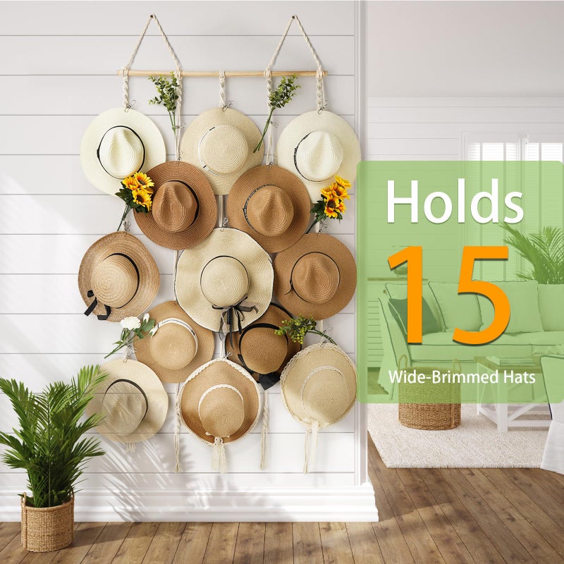 HYDERMUS Macrame Hat Rack for Wall 31x53 in Hat Organizer with 15 Clips Hanging Hat Hanger Holder for Women Wide Brimmed Hat Storage for Fedora Boho Decorative Display - Image 2