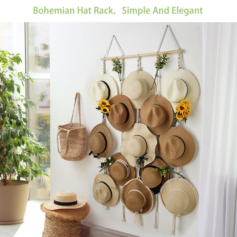 HYDERMUS Macrame Hat Rack for Wall 31x53 in Hat Organizer with 15 Clips Hanging Hat Hanger Holder for Women Wide Brimmed Hat Storage for Fedora Boho Decorative Display - Image 5
