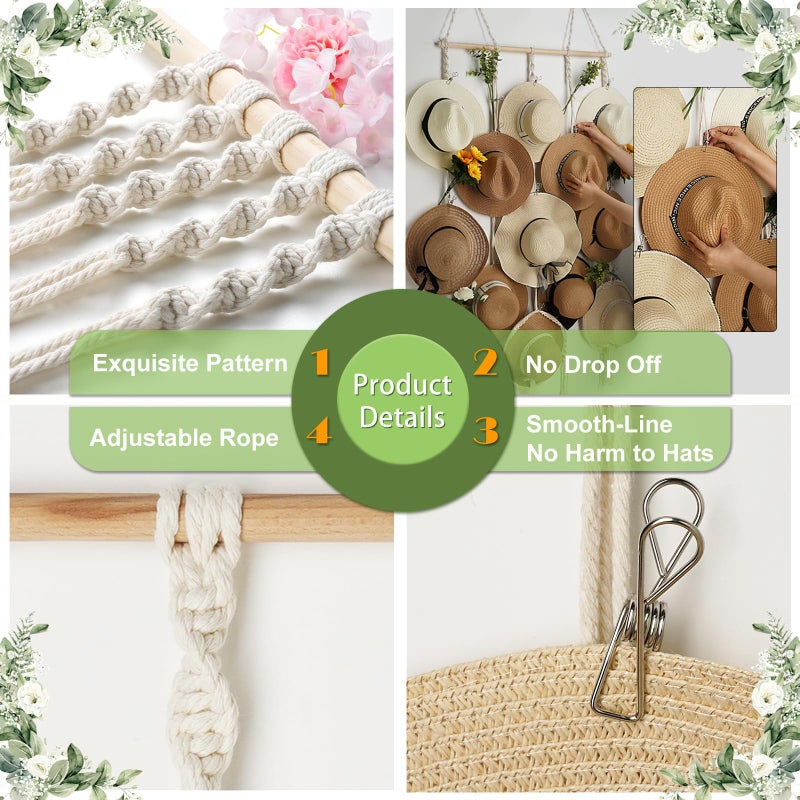 HYDERMUS Macrame Hat Rack for Wall 31x53 in Hat Organizer with 15 Clips Hanging Hat Hanger Holder for Women Wide Brimmed Hat Storage for Fedora Boho Decorative Display - Image 4