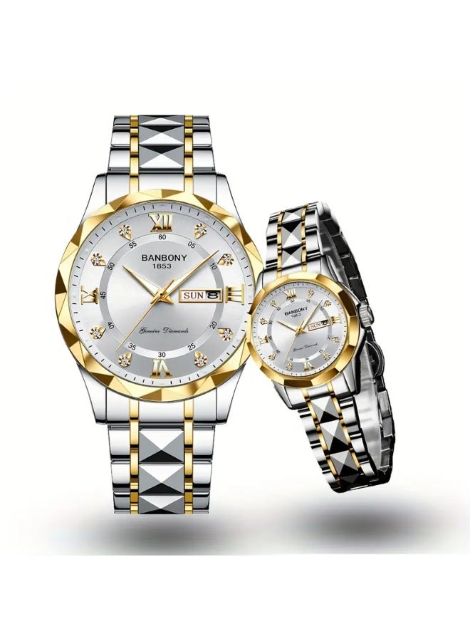 BANBONY 2pcs Couple Watch Trendy Fashion Men'S and Women'S Quartz Watch with Stainless Steel Strap and Rhinestone Night Light High-Definition Round Dial IPX7 Waterproof Night Light Display Calendar Display Wristwatch Holiday Gift Anniversary Couple Love Birthday Gift - Image 1