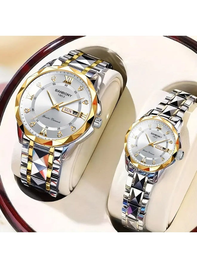 BANBONY 2pcs Couple Watch Trendy Fashion Men'S and Women'S Quartz Watch with Stainless Steel Strap and Rhinestone Night Light High-Definition Round Dial IPX7 Waterproof Night Light Display Calendar Display Wristwatch Holiday Gift Anniversary Couple Love Birthday Gift - Image 2