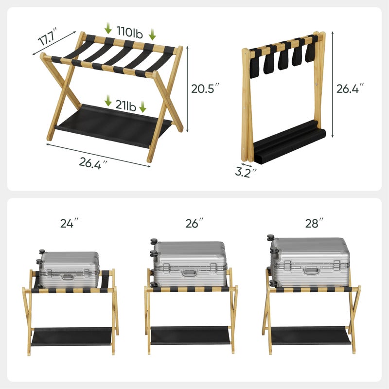Smart FENDEE 2 Pack Luggage Rack, Folding Luggage Rack for Guest Room, Bamboo Suitcase Stand Holds up to 131 lb, Luggage Stand with Storage Shelf for Hotel, Bedroom - Image 4