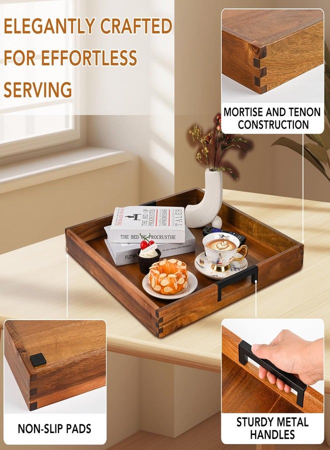 Joy&Grace Large Square Ottoman Tray for Living Room and Coffee Table Decorative Acacia Wood Serving Tray with Handles for Breakfast in Bed, Dinner Food Kitchen TV (Natural, 20" x 20" x 2") - Image 3