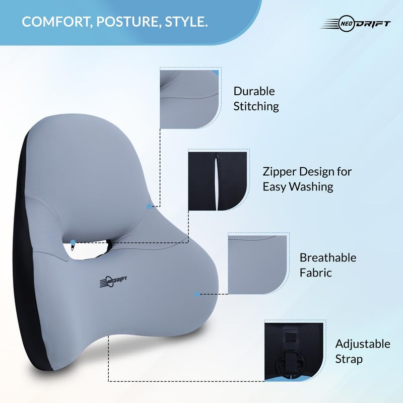 NEODRIFT OrthoFlow Pro Lumbar Backrest Cushion Orthopedic Memory Foam Pillow Support for Lower Back Pain Relief Suitable for Car Seat Office Chair Home Sofa Colour Grey - Image 2