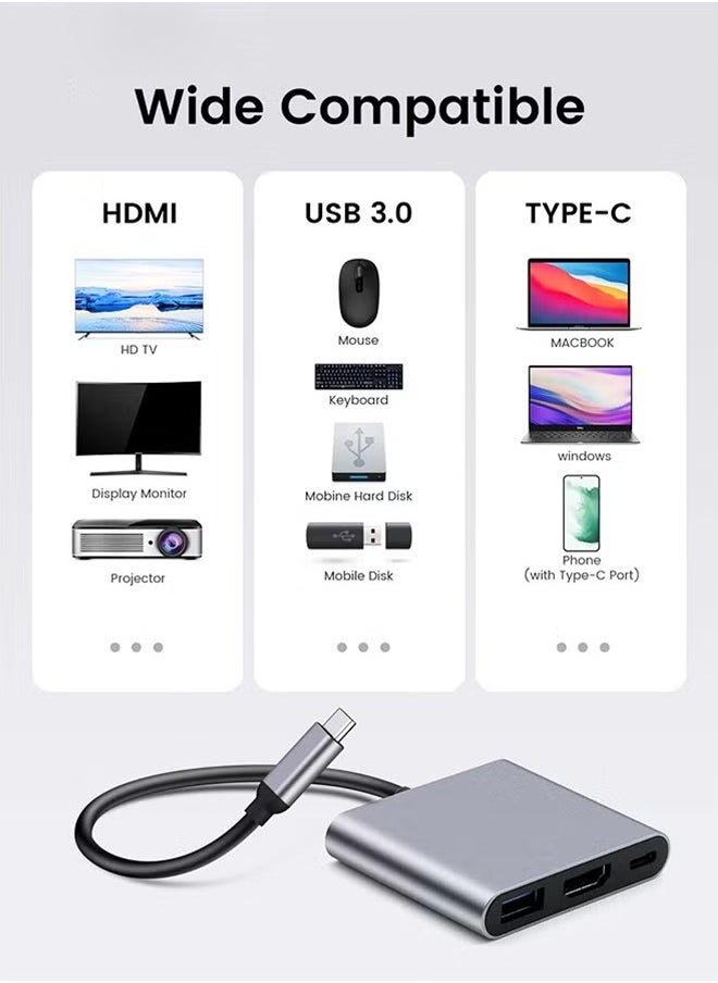 LJRN USB C to HDMI Silver Adapter, 4K Video Converter with USB 3.0 and Type-C Charging Port, USB-C Digital AV Multiport Adapter for Mac and USB Type-C Devices  - Image 2