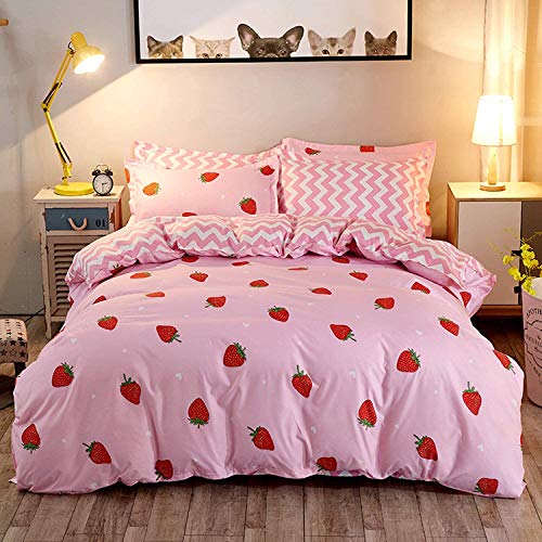 Loussiesd Strawberry Bedding Single Bedding for Kids Girls Bedding Set Cute Kawaii Duvet Cover Set with 1 Pillowcases Tropical Fruit Bedding Linen Microfiber Quilt Cover Zipper 2 Pieces Pink Red