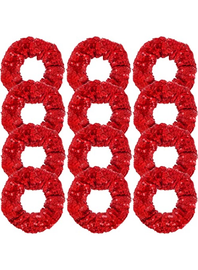 Jeffan 12 Pcs Sequin Hair Scrunchies Hair Bobbles Metallic Elastics Ponytail Holders Hair Wrist Ties Bands Cloth Scrunchies for Show Gym Dance Party Club Girl Women Red - Image 1