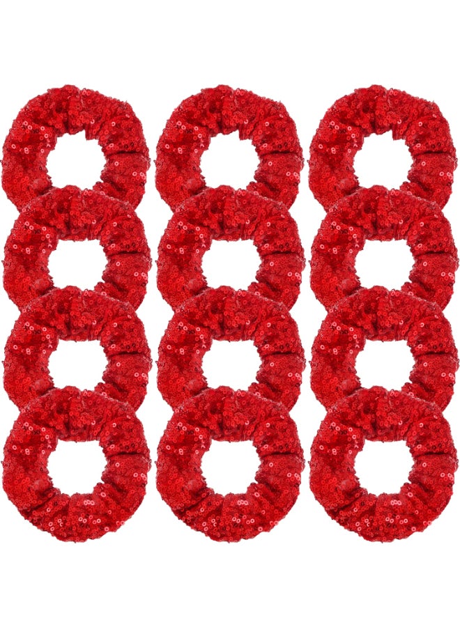 Jeffan 12 Pcs Sequin Hair Scrunchies Hair Bobbles Metallic Elastics Ponytail Holders Hair Wrist Ties Bands Cloth Scrunchies for Show Gym Dance Party Club Girl Women Red - Image 2