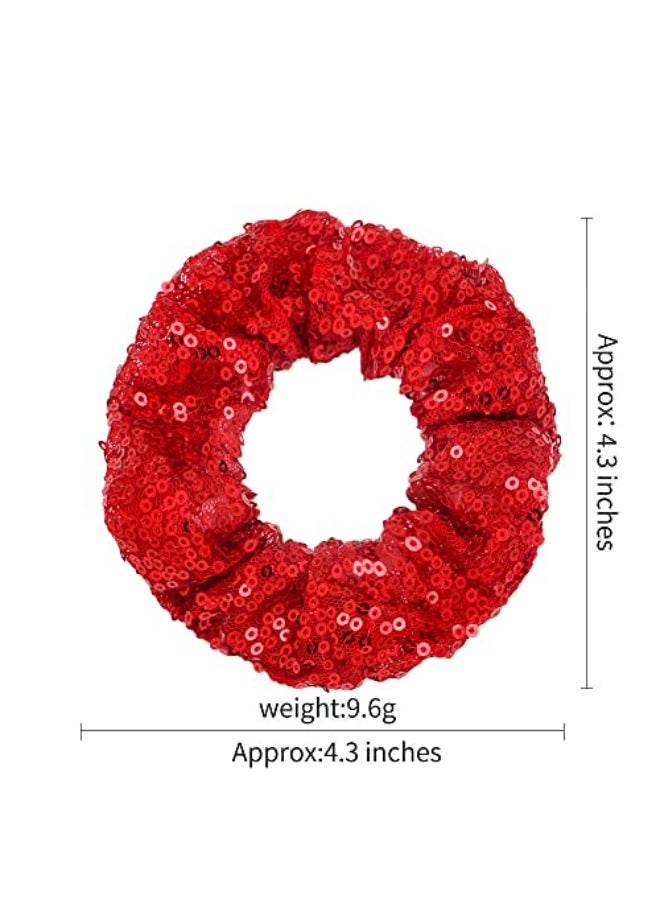 Jeffan 12 Pcs Sequin Hair Scrunchies Hair Bobbles Metallic Elastics Ponytail Holders Hair Wrist Ties Bands Cloth Scrunchies for Show Gym Dance Party Club Girl Women Red - Image 3