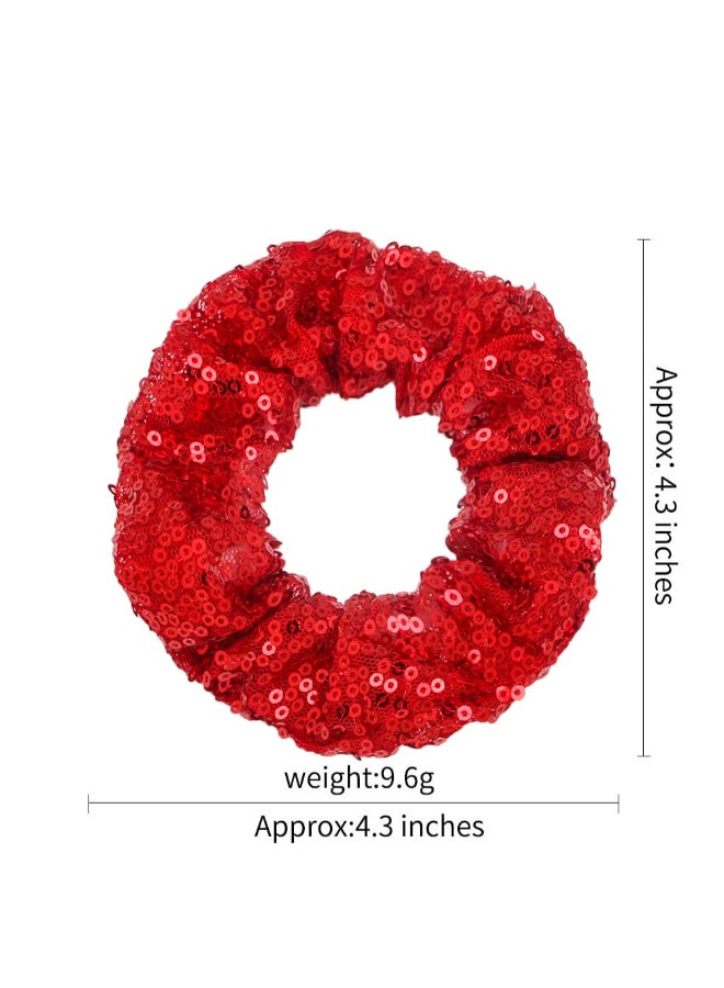 Jeffan 12 Pcs Sequin Hair Scrunchies Hair Bobbles Metallic Elastics Ponytail Holders Hair Wrist Ties Bands Cloth Scrunchies for Show Gym Dance Party Club Girl Women Red - Image 4
