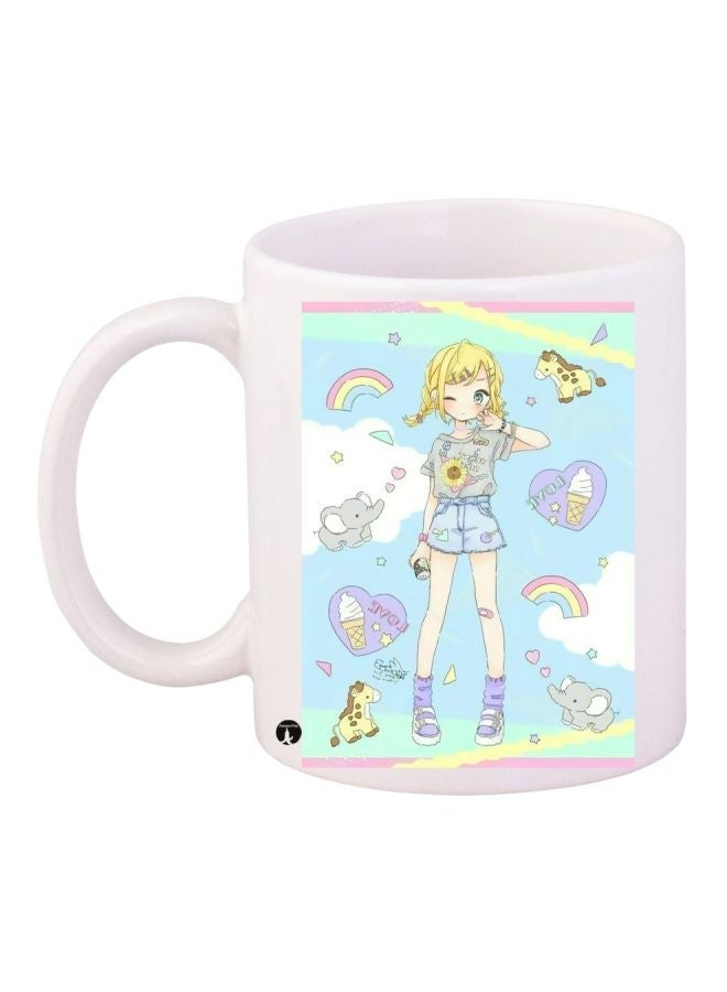 Cartoon Girl Printed Coffee Mug White/Blue/Purple 11ounce