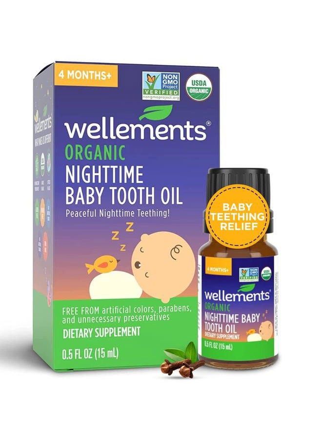 Wellements Organic Nighttime Baby Tooth Oil for 4 Months+ (0.5 Fl Oz) - Baby Teething Relief Oil* for Soothing & Massage for Tiny Gums* - Organic Blend of Essential Oils & Sleepy Time Herbs* - Image 1